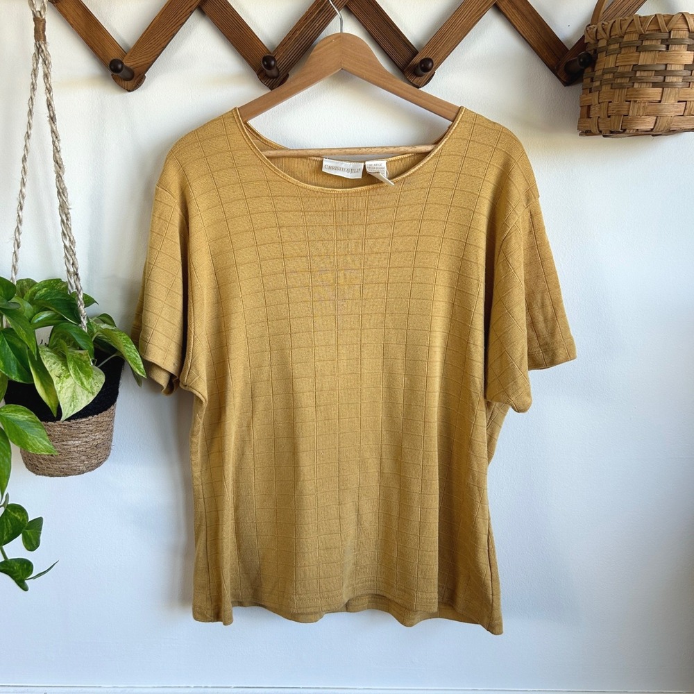 Vintage Christie & Jill Mustard Yellow Textured Grid Knit Short Sleeve Top XL